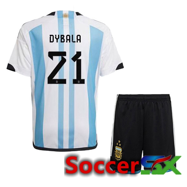 Argentina (DYBALA 21) 3 Stars Kids Soccer Jersey Home Blue White 2022/2023