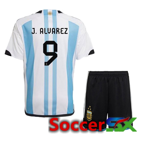 Argentina (J. ALVAREZ 9) 3 Stars Kids Soccer Jersey Home Blue White 2022/2023