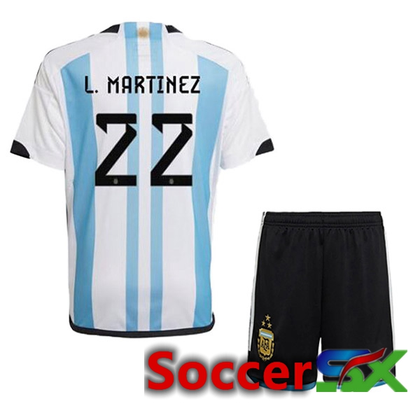 Argentina (L. MARTINEZ 22) 3 Stars Kids Soccer Jersey Home Blue White 2022/2023