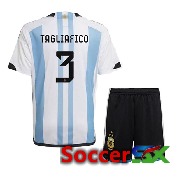 Argentina (TAGLIAFICO 3) 3 Stars Kids Soccer Jersey Home Blue White 2022/2023