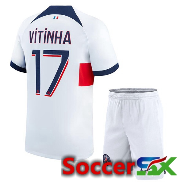 Paris PSG (Vitinha 17) Kids Soccer Jersey Away White 2023/2024