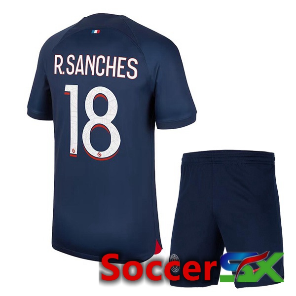 Paris PSG (R.Sanches 18) Kids Soccer Jersey Home Royal Bluee 2023/2024