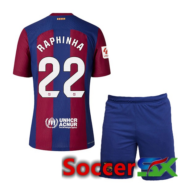 FC Barcelona (RAPHINHA 22) Kids Soccer Jersey Home Blue Red 2023/2024