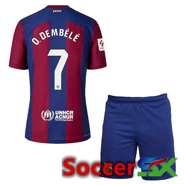 FC Barcelona (O. DEMBÉLÉ 7) Kids Soccer Jersey Home Blue Red 2023/2024