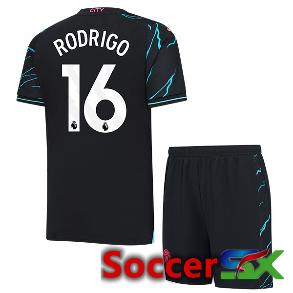 Manchester City (Rodrigo 16) Kids Third Soccer Jersey Blue Black 2023/2024