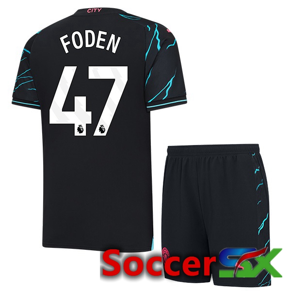 Manchester City (Phil Foden 47) Kids Third Soccer Jersey Blue Black 2023/2024