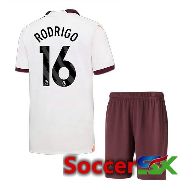 Manchester City (Rodrigo 16) Kids Away Soccer Jersey White 2023/2024