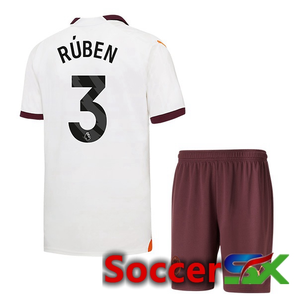 Manchester City (Ruben Dias 3) Kids Away Soccer Jersey White 2023/2024