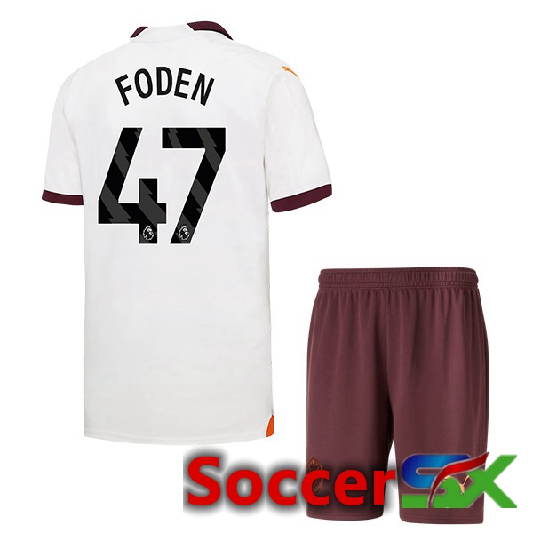 Manchester City (Phil Foden 47) Kids Away Soccer Jersey White 2023/2024