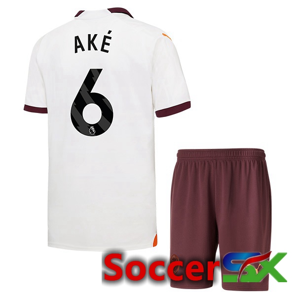 Manchester City (Nathan Ake 6) Kids Away Soccer Jersey White 2023/2024