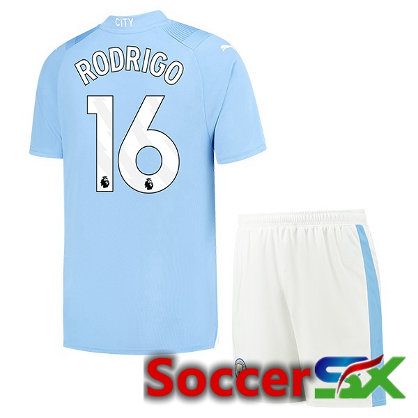 Manchester City (Rodrigo 16) Kids Home Soccer Jersey Blue 2023/2024