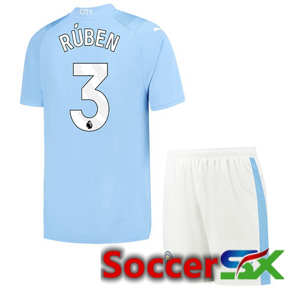 Manchester City (Ruben Dias 3) Kids Home Soccer Jersey Blue 2023/2024