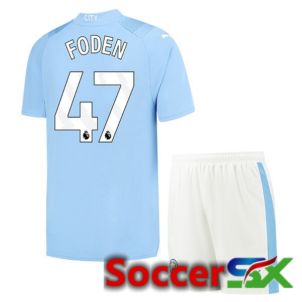 Manchester City (Phil Foden 47) Kids Home Soccer Jersey Blue 2023/2024