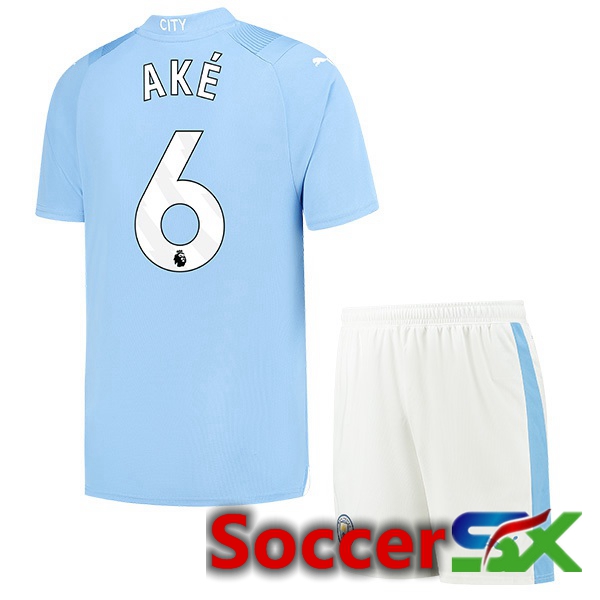 Manchester City (Nathan Ake 6) Kids Home Soccer Jersey Blue 2023/2024