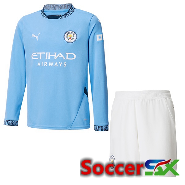 Manchester City Kids Home Soccer Jersey Long sleeve Blue 2024/2025