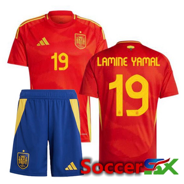 Spain (LAMINE YAMAL 19) Kids Home Soccer Jersey Red 2024/2025