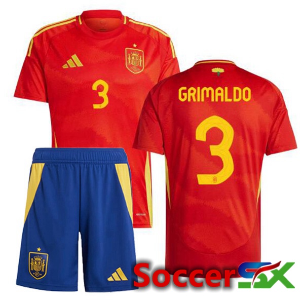 Spain (GRIMALDO 3) Kids Home Soccer Jersey Red 2024/2025