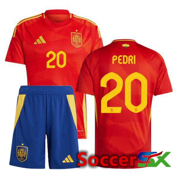 Spain (PEDRI 20) Kids Home Soccer Jersey Red 2024/2025