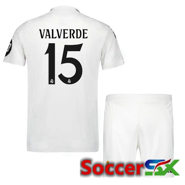 Real Madrid (Valverde 15) Kids Home Soccer Jersey White 2024/2025