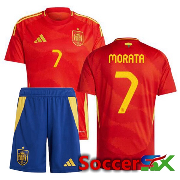 Spain (MORATA 7) Kids Home Soccer Jersey Red UEFA Euro 2024