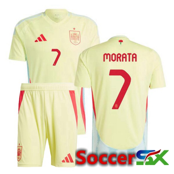 Spain (MORATA 7) Kids Away Soccer Jersey Yellow UEFA Euro 2024