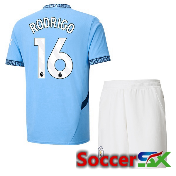 Manchester City (Rodrigo 16) Kids Home Soccer Jersey Blue 2024/2025