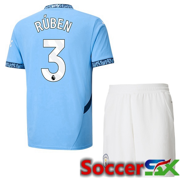 Manchester City (Ruben Dias 3) Kids Home Soccer Jersey Blue 2024/2025