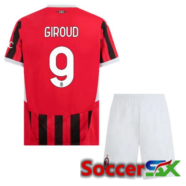 AC Milan (Giroud 9) Kids Home Soccer Jersey Red Black 2024/2025