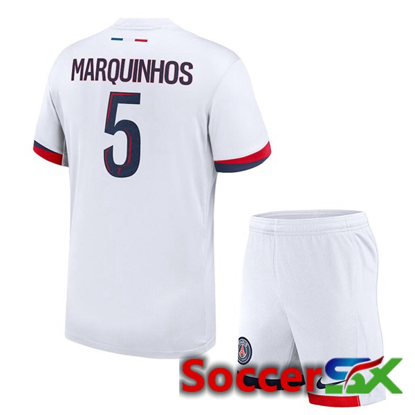 Paris PSG (Marquinhos 5) Kids Away Soccer Jersey White 2024/2025