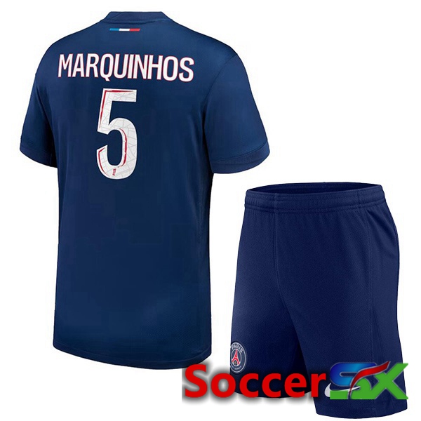 Paris PSG (Marquinhos 5) Kids Home Soccer Jersey Blue Royal 2024/2025