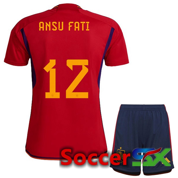 Spain (ANSU FATI 12) Kids Home Jersey Red World Cup 2022