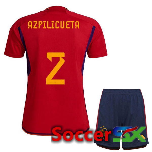 Spain (AZPILICUETA 2) Kids Home Jersey Red World Cup 2022