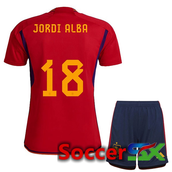 Spain (JORDI ALBA 18) Kids Home Jersey Red World Cup 2022