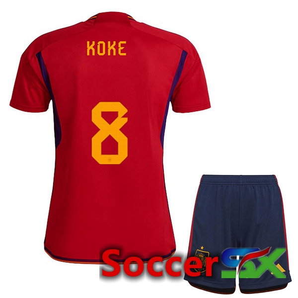 Spain (KOKE 8) Kids Home Jersey Red World Cup 2022