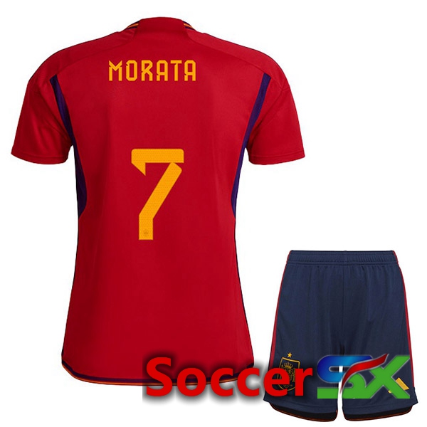 Spain (MORATA 7) Kids Home Jersey Red World Cup 2022