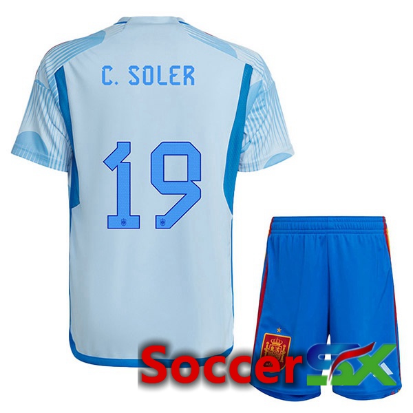 Spain (C. SOLER 19) Kids Away Jersey Blue White World Cup 2022