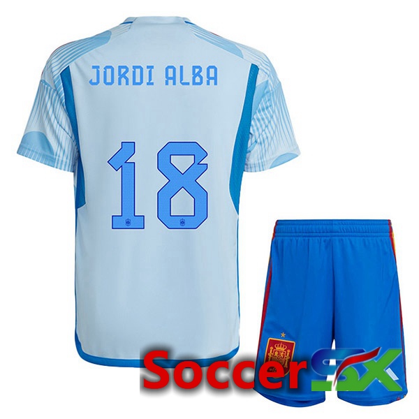 Spain (JORDI ALBA 18) Kids Away Jersey Blue White World Cup 2022